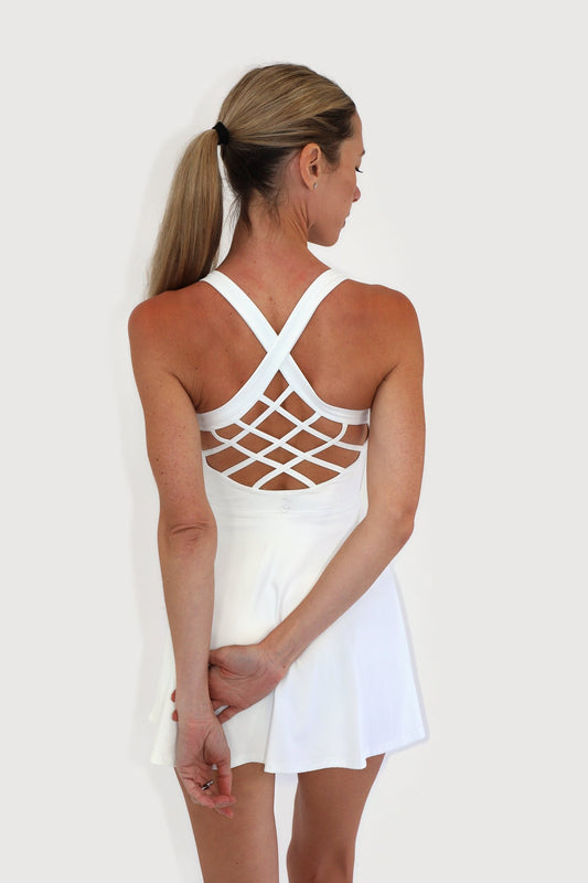 Breeze Dress in White, back view showing the lattice open-back detail
