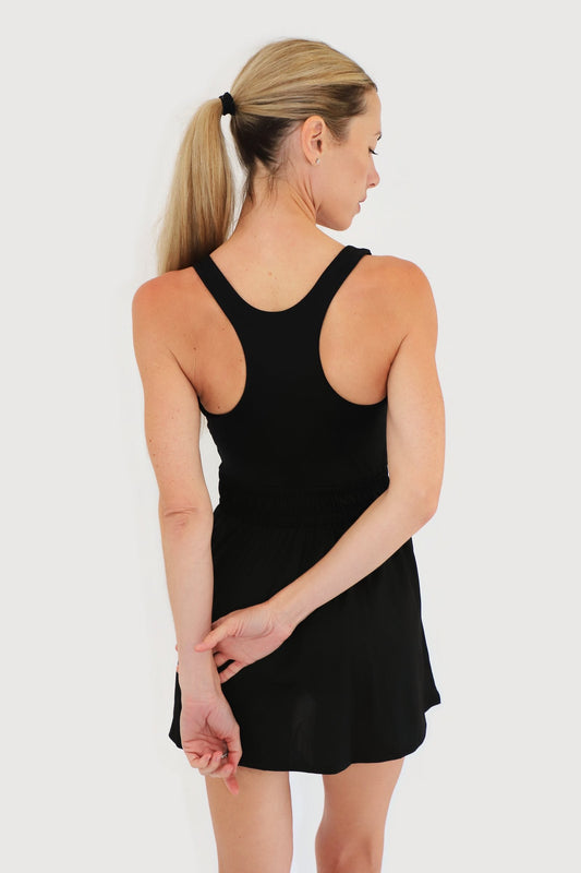 Bay Dress in Black, back view showing the racerback