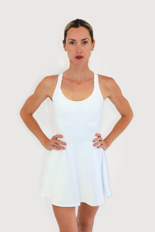 Breeze Dress in White, front view: scoop-neck fitted bodice with a flared skirt