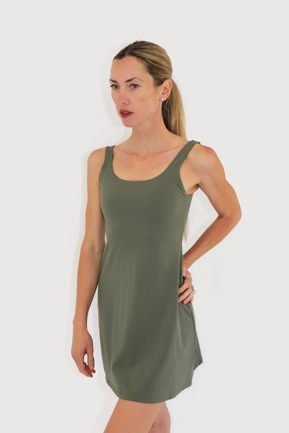 Court Dress in Green, front view with arms relaxed