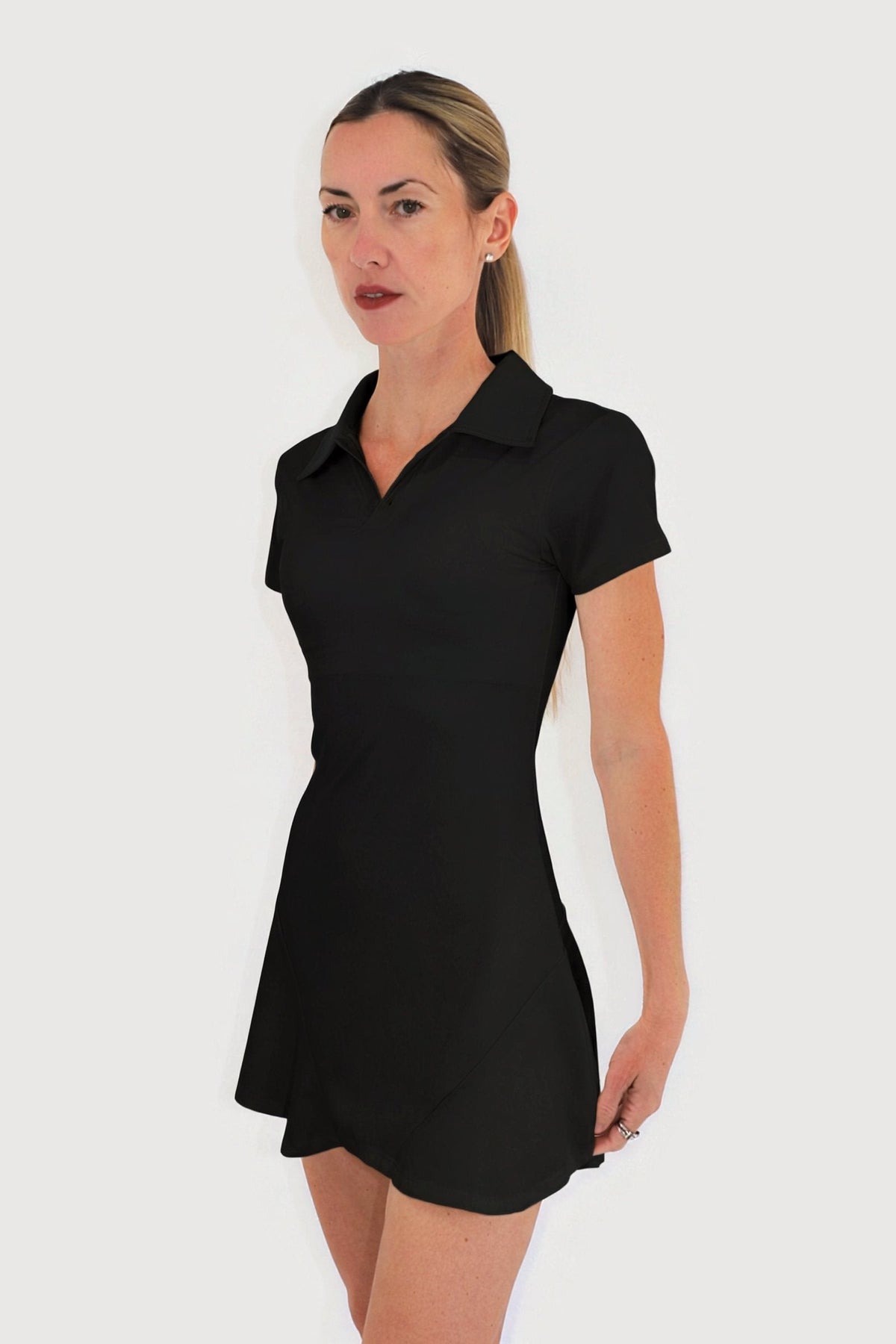 Cove Dress in Black, three-quarter front view