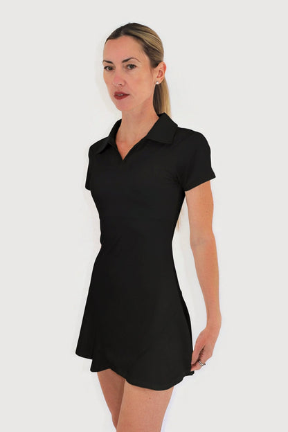 Cove Dress in Black, three-quarter front view