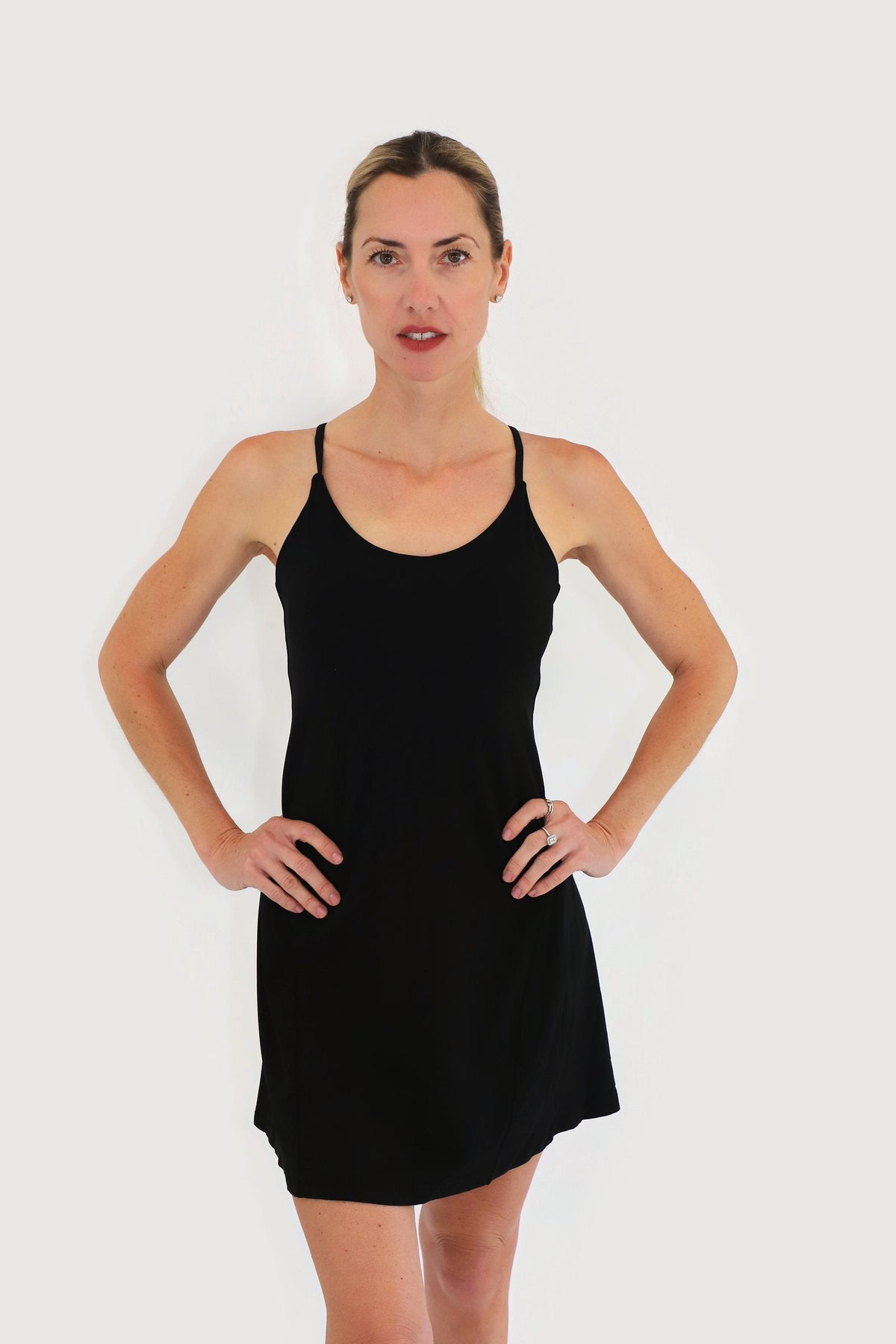 Pacific Dress in Black, front view with spaghetti straps and A-line skirt