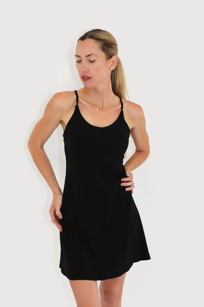 Pacific Dress in Black, three-quarter view