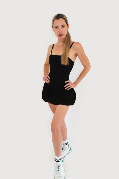 Shore Dress in Black, full-length view styled with white tennis sneakers