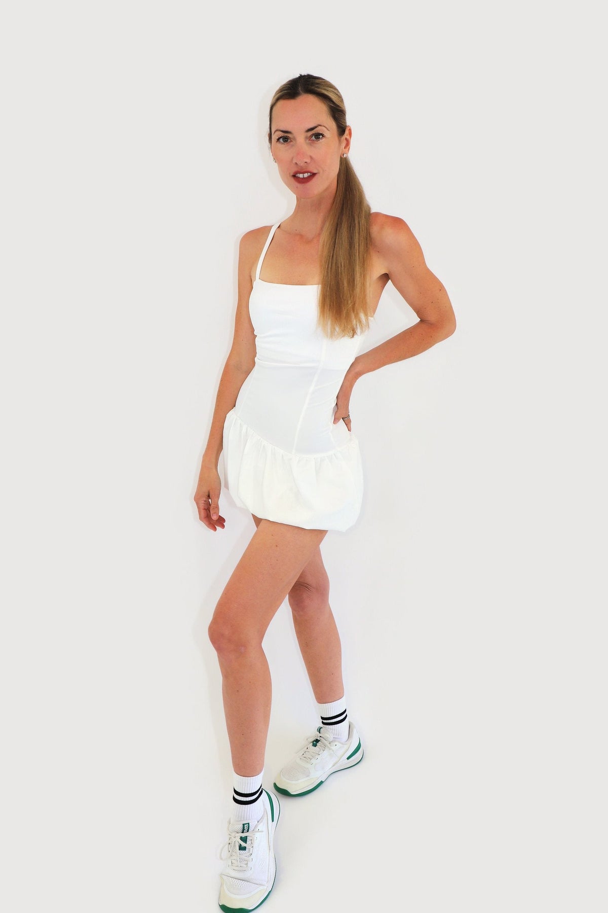 Shore Dress in White, full-length view styled with white tennis sneakers